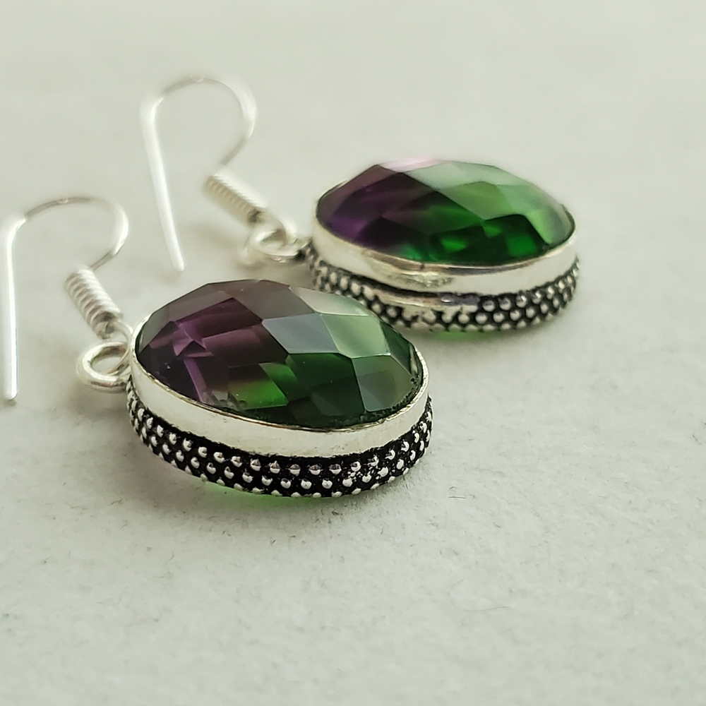 925 Sterling Bi-Color Purple Green Fluorite Earrings NWOT Artisan - Picture 3 of 14